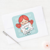 Niedlich Happy Mail Redhead Girl Pink Siegel Quadratischer Aufkleber (Umschlag)