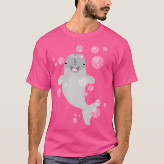 Niedlich Happy Narwal Bubbles Cartoon Illustration T-Shirt (Vorderseite)