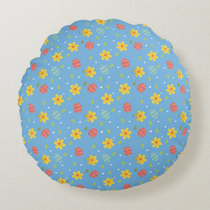 Niedlich Happy Oaster Bunny Eggs Floral Blau Rundes Kissen