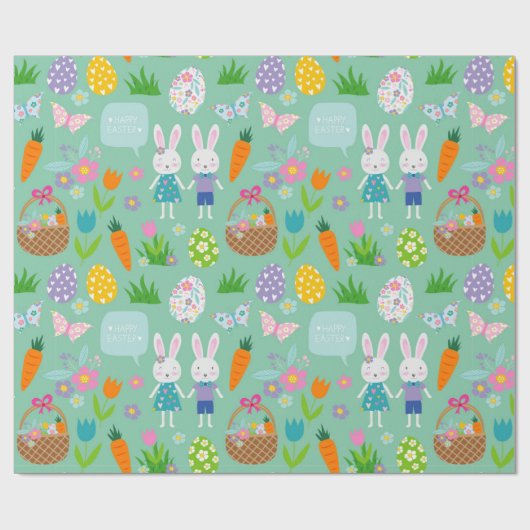 Niedlich Happy Oaster Bunny Eggs Frühlingsblumen Geschenkpapier (Flach)