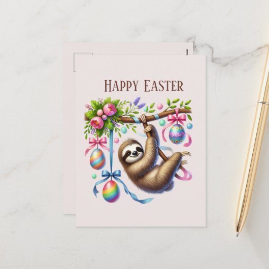 Niedlich Happy Oaster Sloth Feiertagspostkarte (Vorderseite/Rückseite Beispiel)