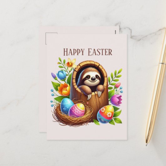 Niedlich Happy Oaster Sloth Feiertagspostkarte (Vorderseite/Rückseite Beispiel)