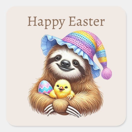 Niedlich Happy Oaster Sloth Quadratischer Aufkleber (Vorderseite)