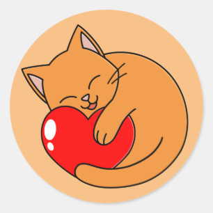 Niedlich Happy Orange Cat Holding Red Heart Runder Aufkleber