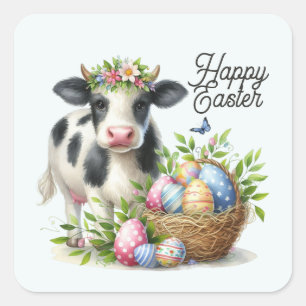 Niedlich Happy Osterkuh Aquarell Quadratischer Aufkleber