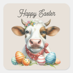 Niedlich Happy Osterkuh Aquarell Quadratischer Aufkleber