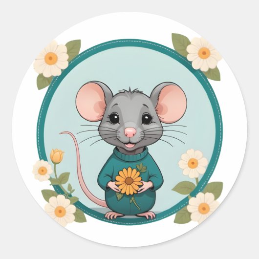 Niedlich Happy Ratty mit Blume Aufkleber (Vorderseite)