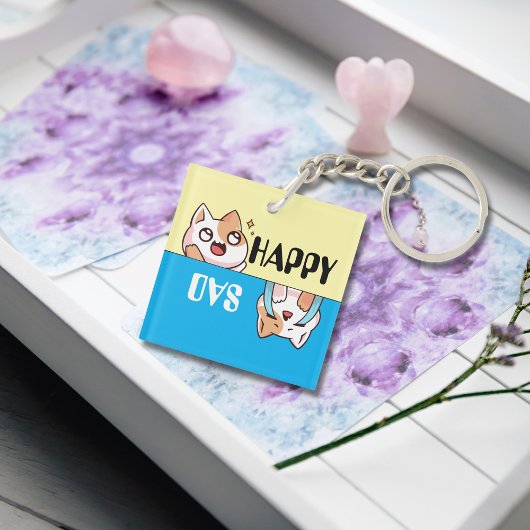 Niedlich Happy Sad Cartoon Cat, Fun & Simple Custo Schlüsselanhänger