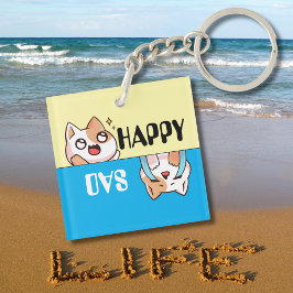 Niedlich Happy Sad Cartoon Cat, Fun & Simple Custo Schlüsselanhänger