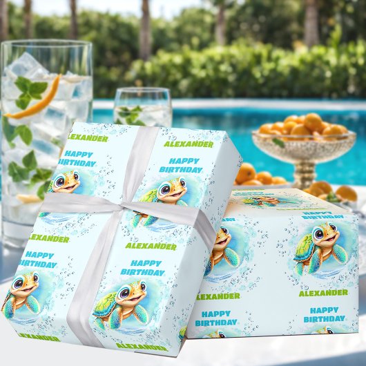 Niedlich Happy Sea Turtle Name Little Boy Geburtst Geschenkpapier