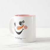 Niedlich Happy Snowman Face Name Script Kalligraph Zweifarbige Tasse (Vorderseite Links)