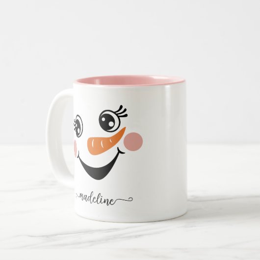 Niedlich Happy Snowman Face Name Script Kalligraph Zweifarbige Tasse (Vorderseite Links)