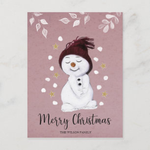 Niedlich Happy Snowman Pink Weihnachtsfest Feiertagspostkarte