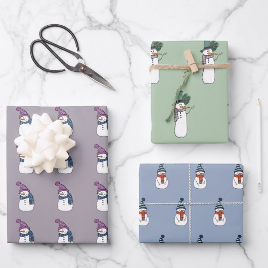 Niedlich Happy Snowman Wrapping Paper Set 3 Geschenkpapier Set (Vorderseite)