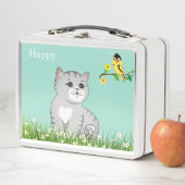 Niedlich Happy Tabby Cat & Little Bird auf Light B Metall Brotdose (Beispiel)