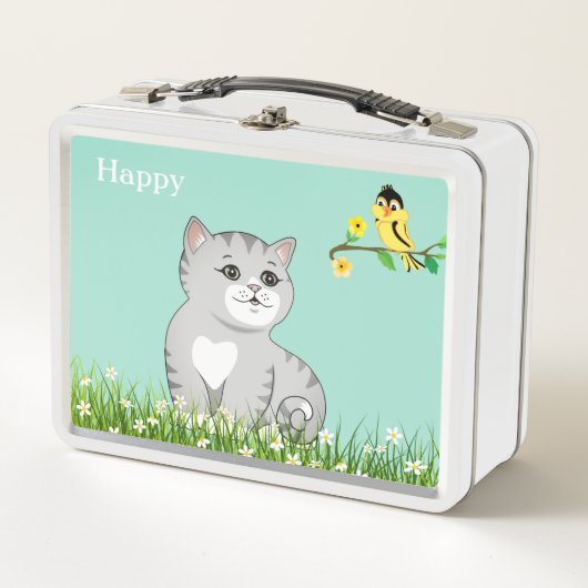 Niedlich Happy Tabby Cat & Little Bird auf Light B Metall Brotdose (Vorderseite)