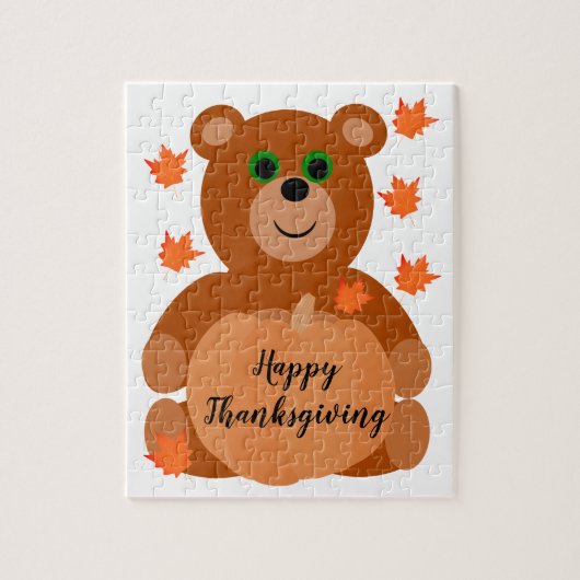 Niedlich Happy Thanksgiving Teddy Bar Pumpkin Blät Puzzle (Vertikal)