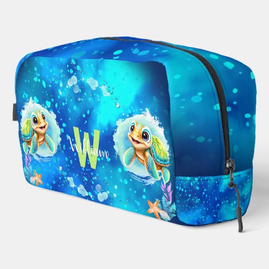Niedlich Happy Turtle Boy Ocean Blauer Name Waschbeutel (Rechte Ecke)