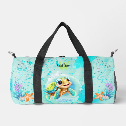 Niedlich Happy Turtle Boy Ocean Blue Turquoise Nam Duffle Bag (Vorderseite)