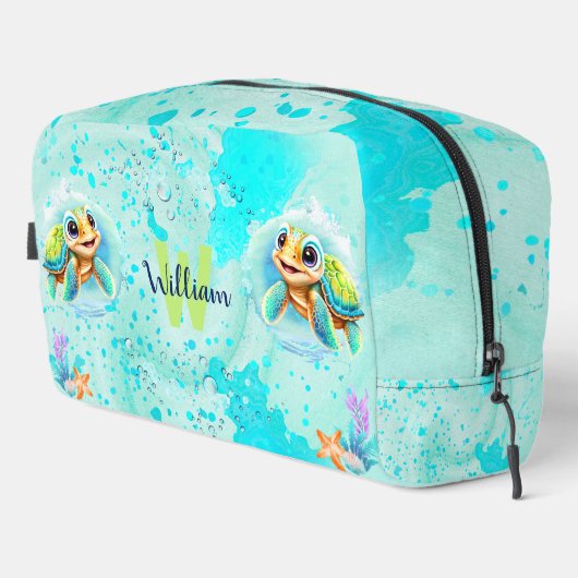 Niedlich Happy Turtle Boy Ocean Türkis Name Waschbeutel (Rechte Ecke)