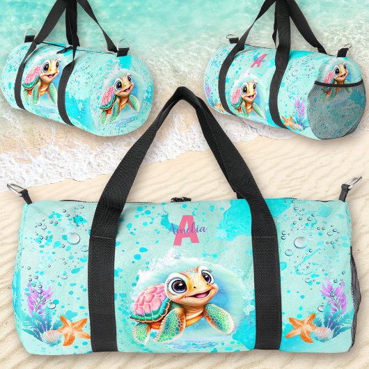 Niedlich Happy Turtle Girl Ocean Pink Türkis Name Duffle Bag