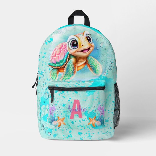Niedlich Happy Turtle Girl Ocean Türkis Name Bedruckter Rucksack (Vorderseite)