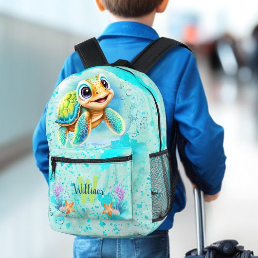 Niedlich Happy Turtle Ocean Turquoise Name Monogra Bedruckter Rucksack