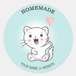 Niedlich Happy White Cat mit Heart Balloon Homemad Runder Aufkleber