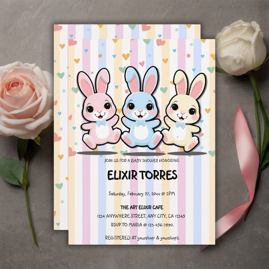 Niedlich Heart Bunny Hoppers Babydusche Einladung