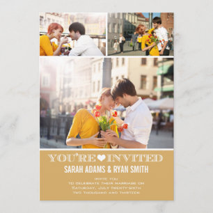 Niedlich Heart Gold Hochzeit Drei Foto Einladung
