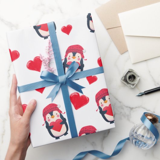 Niedlich Heart Penguin Winter Geschenkpapier (Schenken)