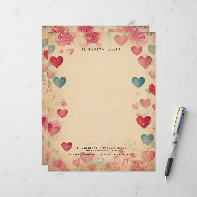 Niedlich Hearts Vintager Valentinstag personalisie Briefbogen (Vorderseite/Rückseite Beispiel)