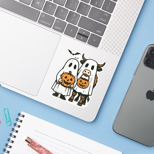 Niedlich Herbst Highland Cow Ghost Halloween 2 Aufkleber (Laptop mit iPhone)