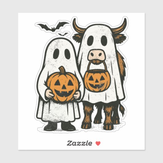 Niedlich Herbst Highland Cow Ghost Halloween 2 Aufkleber (Blatt)