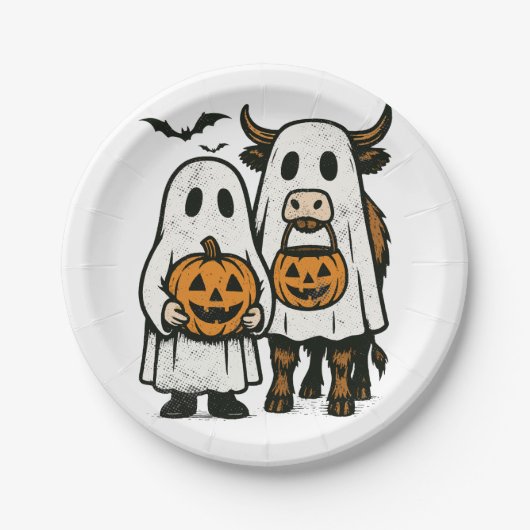 Niedlich Herbst Highland Cow Ghost Halloween Pappteller (Vorderseite)