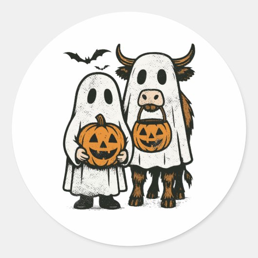 Niedlich Herbst Highland Cow Ghost Halloween Runder Aufkleber (Vorderseite)