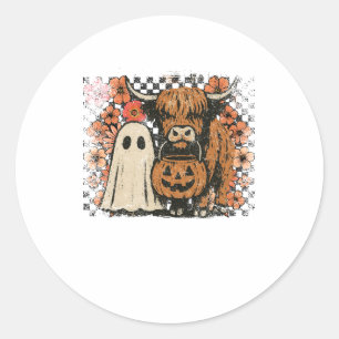 Niedlich Herbst Highland Cow Ghost Halloween Runder Aufkleber