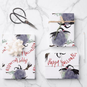 Niedlich Hexe auf ihrem Besenstiel Halloween 3xWPS Geschenkpapier Set