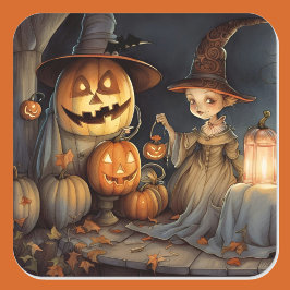 Niedlich-Hexenkürbis Halloween-Bat Quadratischer Aufkleber