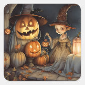 Niedlich-Hexenkürbis Halloween-Bat Quadratischer Aufkleber (Vorderseite)
