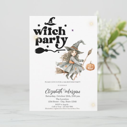 Niedlich Hexenkürbis Party Geburtstag Einladung (Stehend Vorderseite)