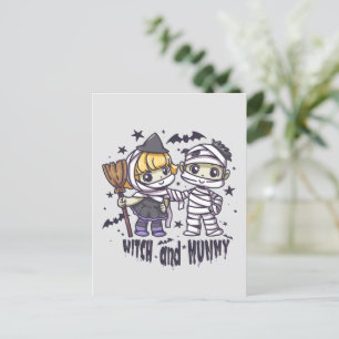 Niedlich Hexenmädchen und Mischmuscheljunge Postkarte
