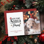 Niedlich Hier kommt Santa Paws Hund Weihnachts-Fot Feiertagskarte<br><div class="desc">Einfach kommt hier Weihnachts-Weihnachts-Hund-Foto-Weihnachtskarte. Senden Sie dieses Jahr diese niedliche,  personalisierte Fotokarte des Hundes oder der Katze an Freunde und Familie für die Ferienzeit. Fügen Sie einfach Ihren Namen und Ihr eigenes Foto hinzu,  um es zu Ihrem eigenen zu machen.</div>
