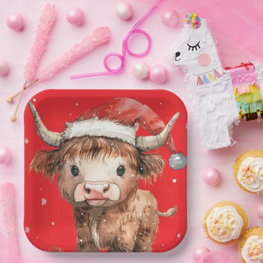 Niedlich. Highland Cow in Weihnachtsmannmütze Red Pappteller (Party)