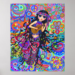 Niedlich Hippie Mermaid Girl Doll Guitar Poster