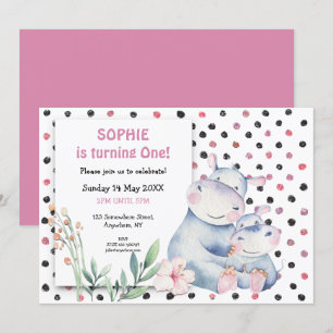 Niedlich Hippos Pink Dots Girls erste Geburtstagsp Einladung