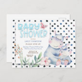 Niedlich Hippos Polka Dots Blue Baby Dusche Einladungspostkarte (Vorne/Hinten)