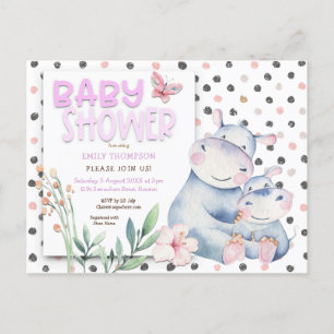 Niedlich Hippos Polka Dots Pink Baby Dusche Einladungspostkarte