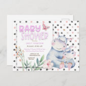 Niedlich Hippos Polka Dots Pink Baby Dusche Einladungspostkarte (Vorne/Hinten)