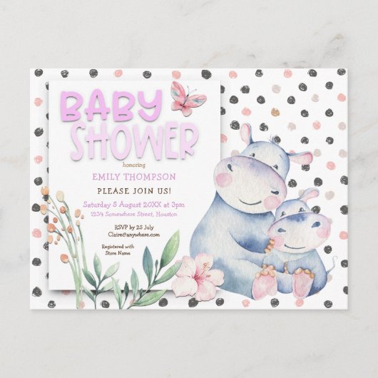 Niedlich Hippos Polka Dots Pink Baby Dusche Einladungspostkarte (Vorderseite)